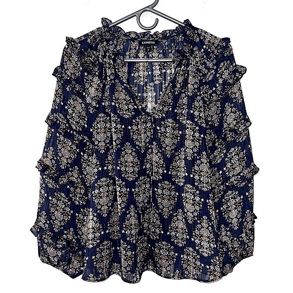 Express Blue Floral Metallic Ruffle V Neck Boho Blouse Size Medium